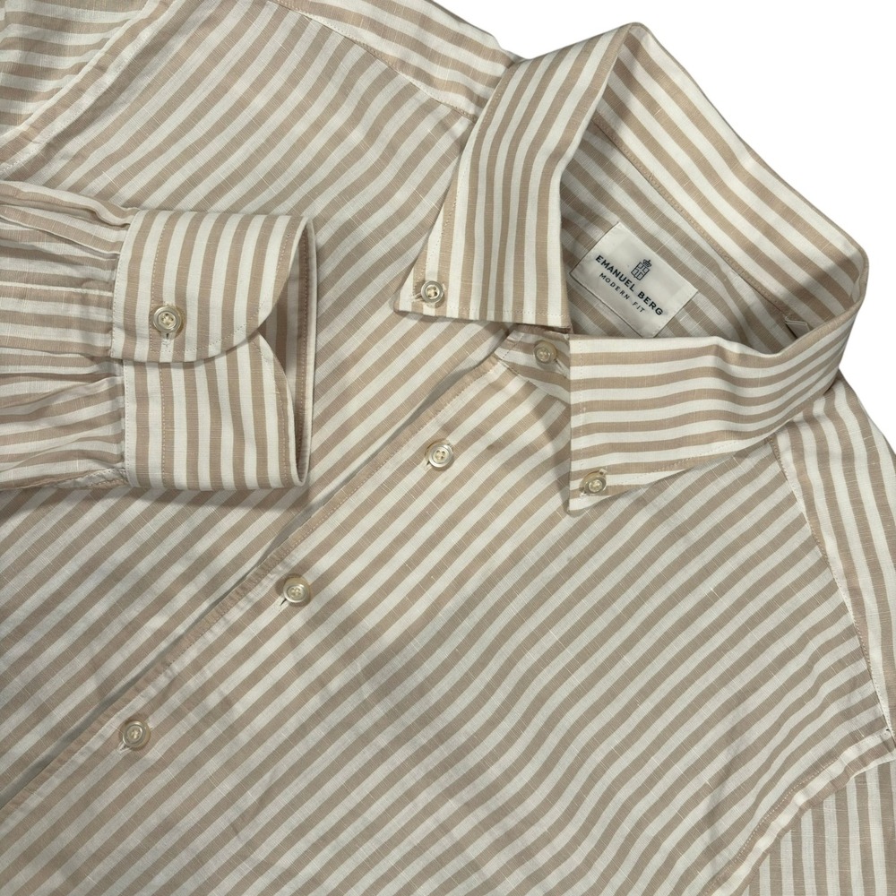 Emanuel Berg Button Down Shirt Mens XL Tan White Striped Linen Blend Modern Fit